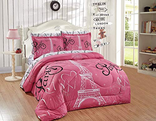 Better Home Style Bettwäsche-Set, Rosa, Weiß, Schwarz, Paris Eiffelturm, Bonjour-Design, 7-teilig, Bett in einer Tasche, inkl. Bettlaken, #FS Paris Pink Twin