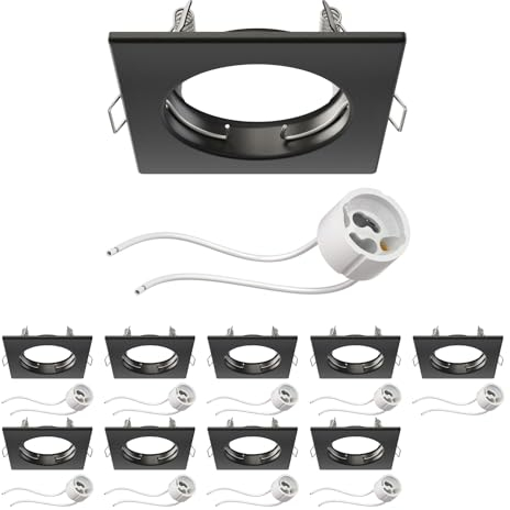 ledscom.de 10 Stück Deckeneinbaurahmen RIR Einbaurahmen schwarz matt eckig (LED/Halogen/GU10/MR16/PAR16/50mm) inkl. GU10 Fassung