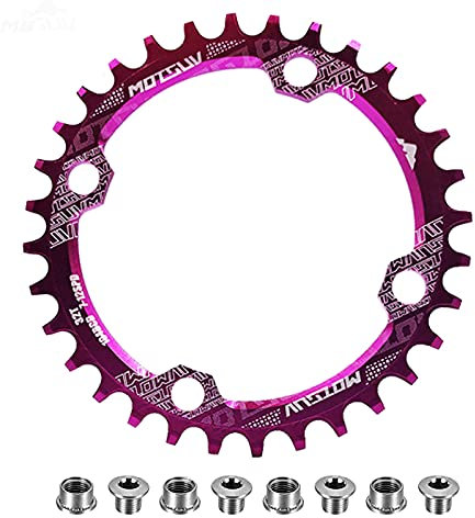 QIAMNI 104 BCD 32T 34T 36T 38T schmaler breiter einzelner Kettenring mit 4 Stück Zahnkranzschrauben für Rennräder, Mountainbikes, BMX, MTB Bike (lila, 38T)