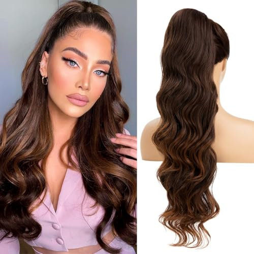 YEESHEDO Schwarze Pferdeschwanz Haarteil Clip Extensions mit Kordelzug Lang Wellig Schwarz mit braunen Highlights Haarverlängerunge Natürliche Perücken Afro Lockige Ponytail fuer Zopf