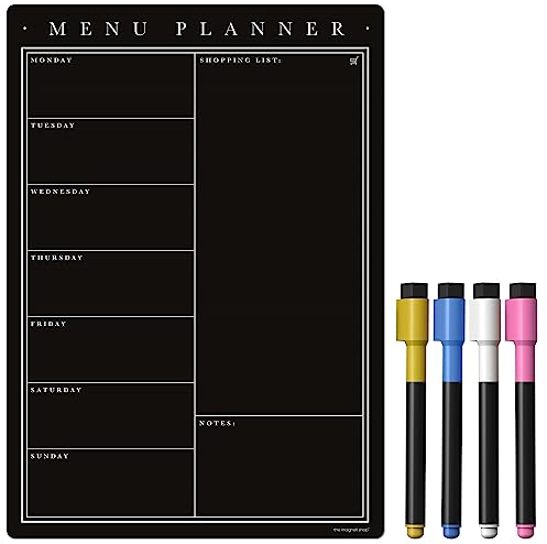 TMS Magnetic Weekly Planner with Liquid Chalk Pens, Fridge Kitchen Blackboard - Meal Planner and Shopping List - Dry Wipe Magnetic Chalkboard, Family Planner Whiteboard (Black Chalkboard, A4)