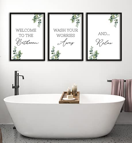 Bathroom Wall Art Set of 3 Unframed Prints, Green Eucalyptus Plant with Quotes, Leaves Home Decor, Wash Away Your Worries, And Relax (A3)