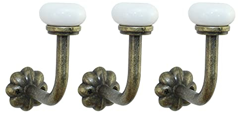 TentHome Keramik Haken Garderobe Vintage Garderobenhaken Kleiderhaken Wandhaken Antike Handtuchhaken Porzellan Einzelhaken Bronze 3er Set mit weißer Keramikkugel Ø 2,7cm Weiß Groß
