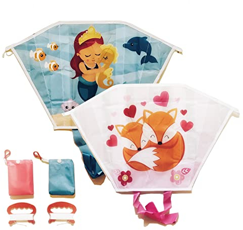 2er Set Kinderdrachen - Mini Pocket Kite Meerjungfrau Fuchs - Einleiner Flugdrachen Drachen für Kinder Mädchen ab 3 Jahre mit Drachenschnur und Streifenschwänze, Blau und Rosa