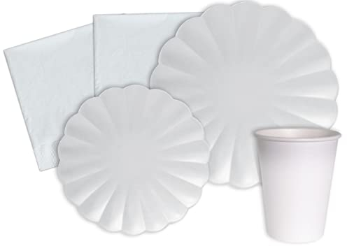 Ciao Kit Vajilla de Fiesta Flower Shape para 8 personas (44 pcs: 8 platos Ø23cm, 8 platos Ø18cm, 8 vasos 250ml, 20 servilletas 33x33cm) de papel compostable eco-friendly, blanco