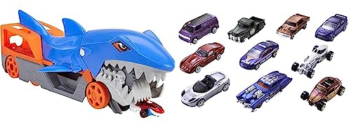 Hot Wheels GVG36 - Hungriger Hai-Transporter-Spielset & 54886-1:64 Die-Cast Auto Geschenkset, je 10 Spielzeugautos, zufällige Auswahl, Spielzeug Autos ab 3 Jahren, 10er Pack, Mehrfarbig