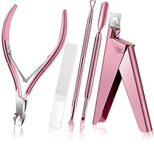 Acrylic Nail Clipper Kit with Glass Nail File, Nail Tip Cutter Cuticle Trimmer Nipper and Cuticle Pusher Nail Gel Polish Remover, Stainless Steel Professional Manicure Pedicure (Pink)