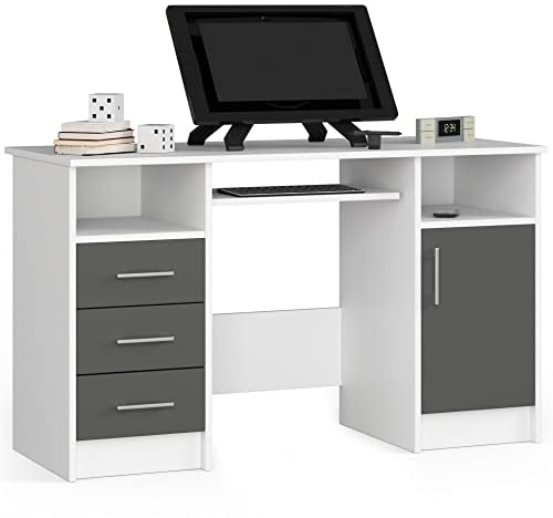 AKORD Ana Bureau d'ordinateur avec Tablette pour Clavier | 3 tiroirs, 1 Compartiment de Rangement avec Porte, 2 Compartiments de Rangement Ouverts, l 124 x H 74 x P 52 cm, 45 kg | Blanc/Gris Graphite