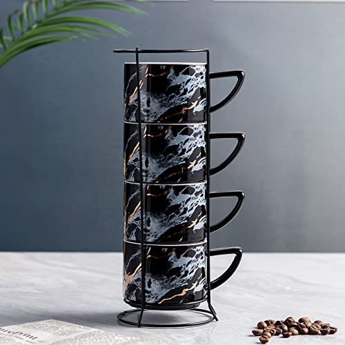 Winlauyet 200ml Lot de 4 tasses à expresso cappuccino en porcelaine avec support chromé tasse à café et thé (Noir)