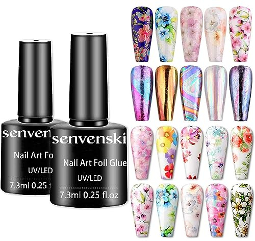 Senvenski Nail Foil Glue Gel, 7.3ml x2 Tranfer Glue Gel for Nails Art Stickers Foil Transfer Gel Soak Off DIY Manicure Kit Set UV LED (TB007)