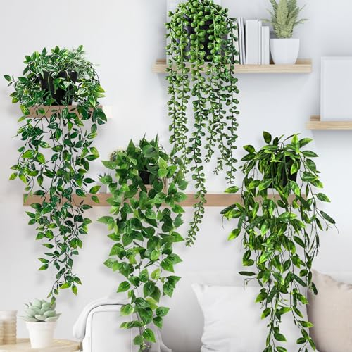 WINAROI 4 Stück Künstliche Hängepflanzen, Künstliche Kunstpflanze Pflanzen, Eukalyptus Blätter mit Töpfen Wartungsfreie Künstliche Pflanzen Rebe Indoor Outdoor Draußen Hochzeit Garten Deko
