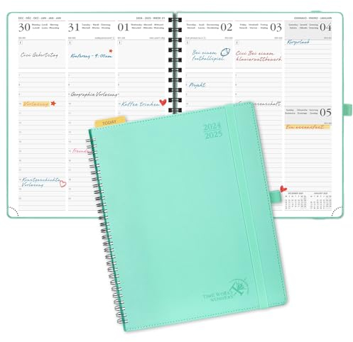 POPRUN Kalender 2025 Wochenplaner (Aug.2024-Dez.2025) Ringbuch mit Softcover, ca. A4 (26,5 x 21,5 cm), 17-Monate-Terminplaner 2025 1 Woche 2 Seite mit Zertifiziertem Papier - Mintgrün