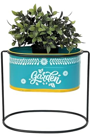 DanDiBo Blumenhocker mit Topf Metall Stehend Blau Oval 27 cm Blumenständer 96526 M Blumensäule Modern Pflanzenständer Pflanzgefäß