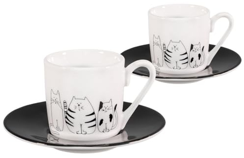 tea4chill Könitz Espresso Tassen Set Funny Cats. 2 Kaffeetassen 65ml aus Porzellan. Espressotassen modern, schwarz-weiß