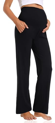 Gowjog Umstandshose Weitem Bein Damen Schwangerschaft Lässig Lose Breite Gerade Bein Lounge Hosen mit Taschen Schwangerschafts Hose (Schwarz,S)