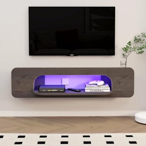 Pmnianhua LED Meuble TV Suspendu, Etagere TV Murale, Meuble TV Suspendu Bois Etagere avec 1 Etagere Ouvertes, Murale Flottante TV Meuble Etagere TV Support, Meuble TV Flottant (121cm, Gris Foncé)