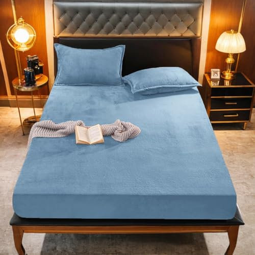 Gezu Spannbetttuch Warm Winter Flauschige Plüsch Spannbettlaken 200x200cm Pastell Blau Hellblau Fleece Flanell Cashmere Touch Spannbetttuch Winter Kuschelig Bettlaken für 25 bis 30cm Matraze