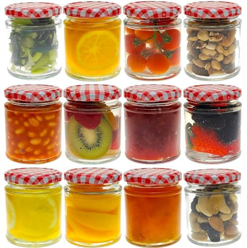COS 24 X Glass Pot Menage Jar 324ml | Jam Jars | Set of 24 | Wide Mouth Glass Preserve Pots | Screw Top Red Gingham Lids | Airtight Pickle Jars | Homemade Jam, Marmalade & Chutney Jar