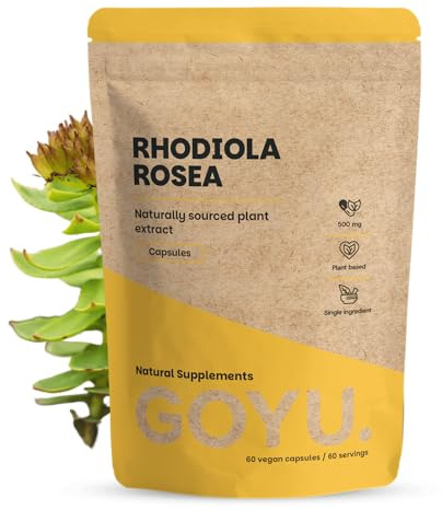 GOYU Rhodiola Rosea Kapseln 500 mg 60 Capsules - Rosavine – Fokus – Rosenwurz – Nootropikum Nootropika – Vegan – Ohne Zusätze – Laborgeprüft – 60 Tage Vorrat pro Beutel – Cupplement