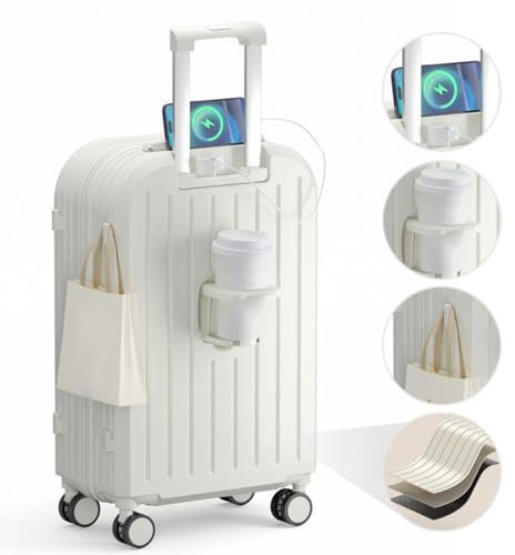 cadciehe 20 Inch Suitcase Hard Shell Spinner Wheel Luggage with USB Interface Cup Holder Hanging Hook and Code Lock Silent Spinner Wheel Luggage Suitcase White