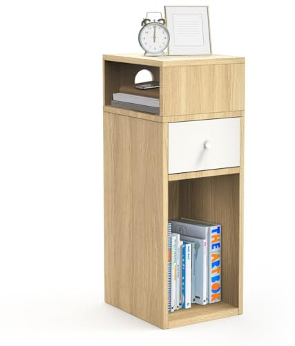 VOUNOT® Nachttisch, Schmal, Beistelltisch mit 2 offenem Fach & 1 Schublade, Modern Nachtschrank, Nachtkästchen für Schlafzimmer, Wohnzimmer, 25x30x66cm Natur