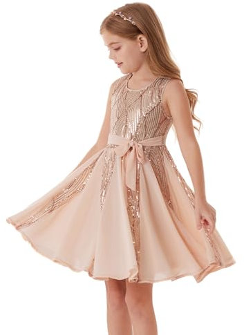 GRACE KARIN Vestito da principessa con paillettes scintillanti, abito da festa di compleanno, abito estivo da bambina, per occasioni speciali, festival, 5-12 anni, Oro rosa, 8-10 Anni