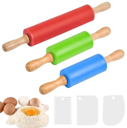 YOUNGSAY 3 Pcs Rouleau Patisserie pour Enfant, 23/30,5 cm Antiadhésifs Rouleau à Patisserie pour Enfant, Rouleau a Patisserie Silicone Enfants avec 3 Grattoirs (3 Couleurs)