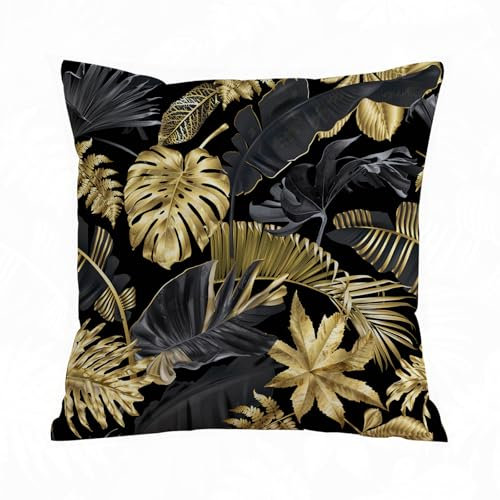 ERRTU Kissenbezug 40x40 cm,Gold und Schwarz Tropische Blätter auf dunklem Hintergrund,Dekokissen Kissenbezüge Deko Kissen Bezug Wohnzimmer Zierkissen für Sofa Stuhl Bett Garten
