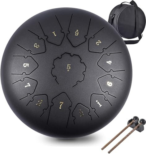 Steel Tongue Drum, 12 Zoll Zungentrommel 13 Noten Scheibentrommel Stahl Zunge Schlagzeuger Stahlzungen- Instrument Hand Pan Drum für Meditation zungentrommel kinder mit Trommelschlägeln (Schwarz)