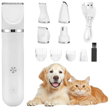 Journeyside 4 en 1 Tondeuse Chien Set, Professionnelle Tondeuses pour Chien Sans Fil, Silencieuse Tondeuse pour Chats, 4 Têtes de Coupe Multi-usages pour Chats et Chiens, Avec Peigne Limite