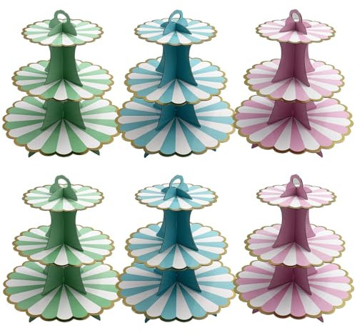 Seveups 6Pack 3 Tier Cake Stand, Colorful Cupcake Stand Cardboard, Dessert Cupcake Stands Round Cardboard Cupcake Tower for Birthday,Party,Baby Showers(2Pink+2Blue+2Green)