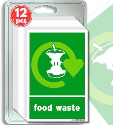 Food Waste Bin Signs Stickers,12x Pack 100mm x 150mm, Self-Adhesive Vinyl, Green, Waterproof Mixed Set Recycling Signs for Indoor Outdoor Use. Made in UK Print Kings