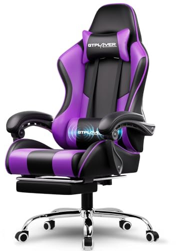 LUCKRACER Gaming Chair Massage With Footrest Ergonomic Computer Chairs High Back Support Height Adjustable Reclining Heavy Duty PC Chair (Faux Leather, Purple)