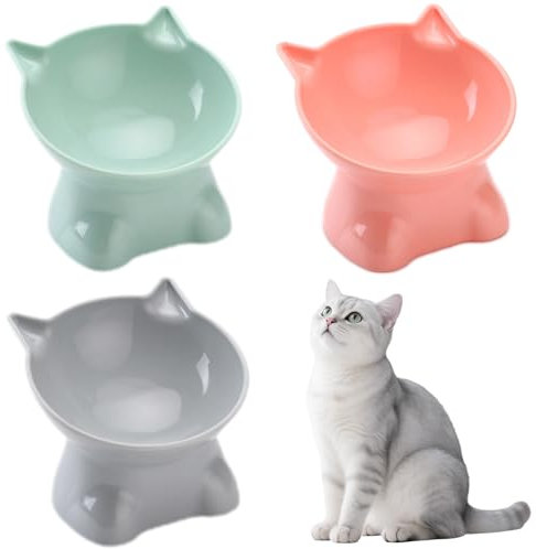 TaimeiMao Katzennapf Set, Futternapf Katze, Katzennapf Erhöht, 3 Stück Fressnapf Katze mit 15° Geneigter Futterschüssel Katze,Wasser Fütterung Schüssel für Katze