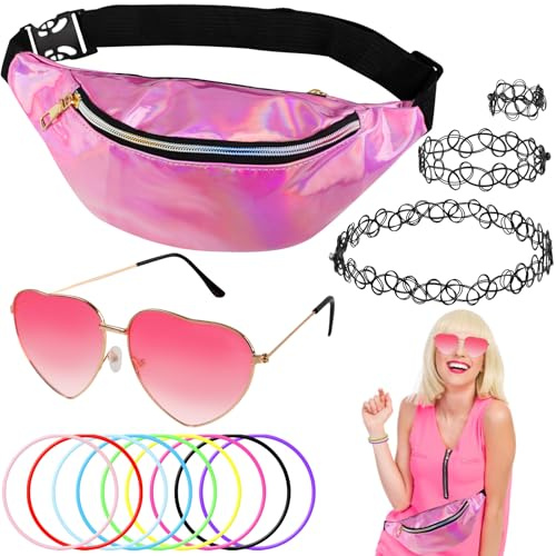 Tikplus 90s Outfit Damen, 90er Jahre Accessoires, 90er Jahre Retro Outfit mit Herz Sonnenbrille Rosa, Silber Bauchtasche, Halskette, Women Festival Hippie Accessoires für Neon Mottoparty