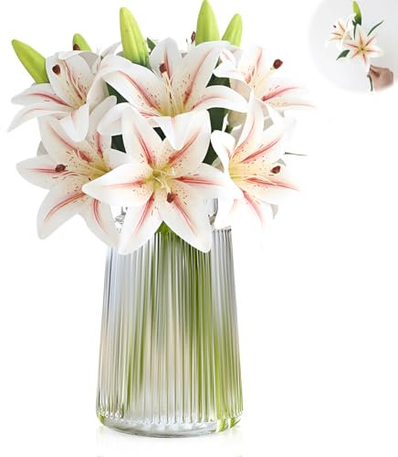 Dinhauyon 6 artificiale di giglio bianco, fiori artificiali decorativi, gigli artificiali bianchi,Fiori artificiali per feste di nozze in ufficio domestico (vaso escluso)