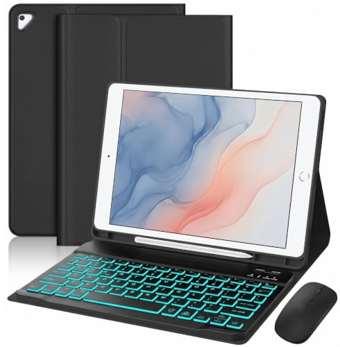 Bxomteng Custodia per tastiera per iPad 9.7 (6a generazione 2018 / 5a generazione 2017) / Pro 9,7 (2016) - 7 colori retroilluminati tastiera e mouse (nero)