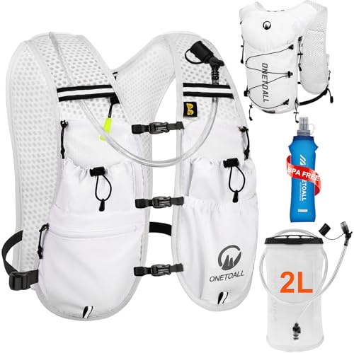 ONETOALL Chaleco Running Hombre Mujer, Running Vest, Ligero Chaleco para Correr, Mochila Hidratacion Trail Bolsilloso con Bolsa Agua 2L o Botella 500ml, Silbato y Reflectante para Ciclismo Senderismo