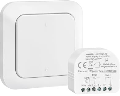 SURAIELEC Funk Lichtschalter Set, 10A/230V Funkschalter mit Fernbedienung | Kabelloser Wandschalter mit Fernbedienung, 30m Reichweite, CE & RoHS Zertifiziert. Einfache Installation für Lampen, Weiß