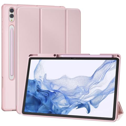 TXWLLIU Hülle für Samsung Galaxy Tab S8 Plus 2022/S7 FE 2021/S7 Plus 2020 12,4 Zoll mit S-Stifthalter, Schlanke Leichte Dreifach Gefaltete Schutzhülle, Automatisches Aufwachen/Schlafen, Rosa
