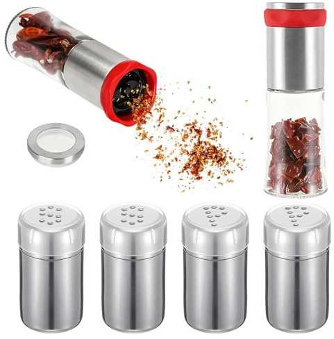 Set Macina Peperoncino con 4 Saliera da Tavola - Macina Spezie in Acciaio Inox e Vetro da 170ml per Spezie a Grana Grossa e Peperoncino Secco, Ideale per Ristoranti, Campeggio e Barbecue all'Aperto