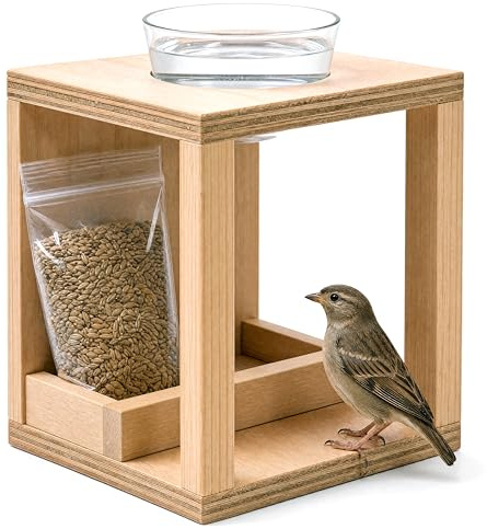 Comedero Pajaros Exterior De Madera Hecho A Mano con Compartimentos de Bebedero Pajaros de Bandeja Extraible y Comederos para Aves Silvestres Incluye Bolsa de 70gr de Comida para Aves Jardin Natural