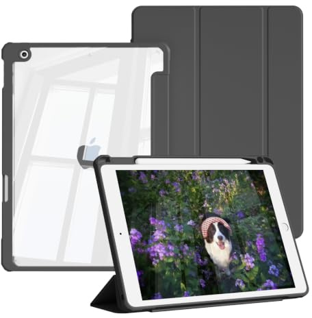 ZOPSGYU Coque pour iPad 9ème/8ème/7ème Génération 10.2 Pouces, Noir | Étui pour iPad 2021/2020/2019 avec Porte-Crayon, Dos Transparent et Support, Housse avec Veille/Réveil Automatique