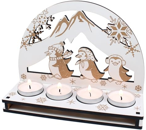 Dekolando Teelichthalter „Pinguin Familie“ – Teelicht Schwibbogen mit 4 Teelichtern – Gravur, 20×15 cm – Winter & Weihnachtsdeko, Adventskranz mit süßen Pinguinen für gemütliche Stimmung