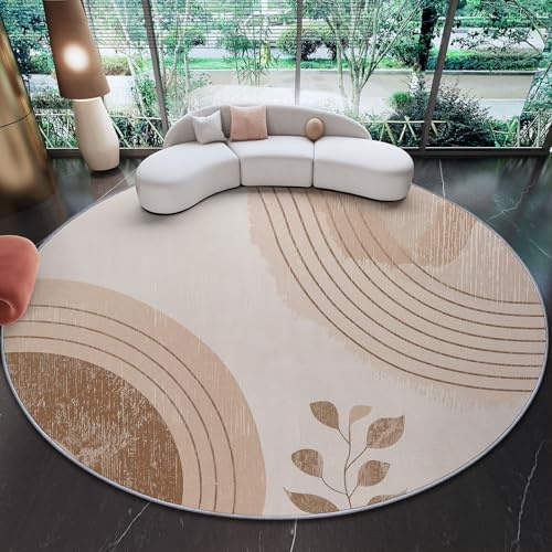 Runder Boho Teppich 100 cm – Waschbarer Kurzflor Teppich mit Blattmuster in Braun & Beige, Rutschfester Rundteppich für Wohnzimmer, Schlafzimmer, Esszimmer oder Eingangsbereich