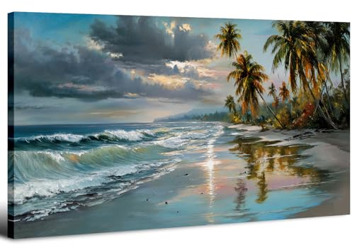 Large Tropical Beach Canvas Wall Art 20x40in Sunset Coastal Wall Decor Ocean Waves Palm Trees Seascape Wall Pictures Nautical Landscape Painting Artwork for Living Room Bedroom Hallway Home Decoration