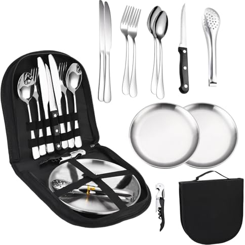 Campingbesteck Set, Camping Geschirr Set für 2 Personen, 12 Stück Edelstahl Camping Kochgeschirr, mit Küchenbeutel