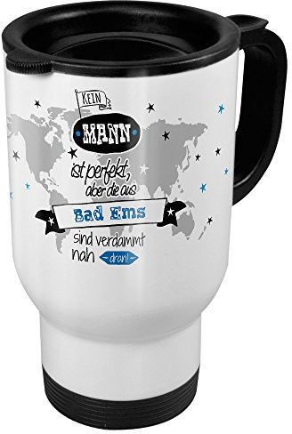 printplanet Thermobecher weiß mit Stadt/Ort Bad EMS - Motiv Kein Mann ist Perfekt, Aber... - Coffee to Go Becher, Thermo-Tasse