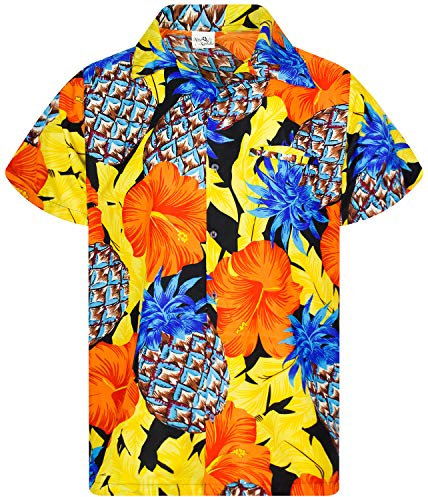 King Kameha Funky Hawaii-Hemd, Herren, Kurzarm, Pineapple-Hibiscus, Schwarz-Gelb, XL
