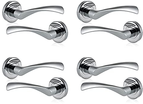 XFORT 4 Pack Door Handle on Rose, Warped Lever Door Handles in Polished Chrome Finish, Internal Lever Handle, Used as Internal Door Handles with a Standard Latch, Mortice or Bathroom Lock.